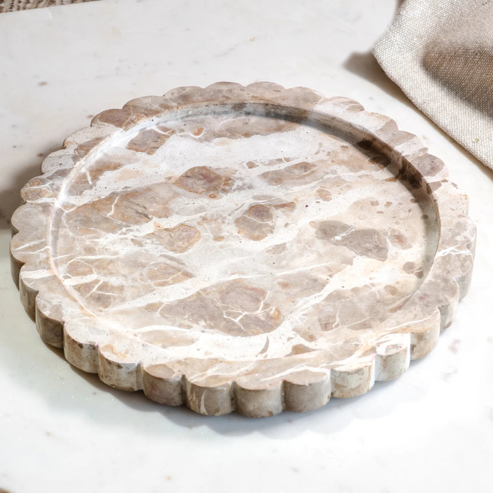 12" Beige Marble Scallop Edge Tray