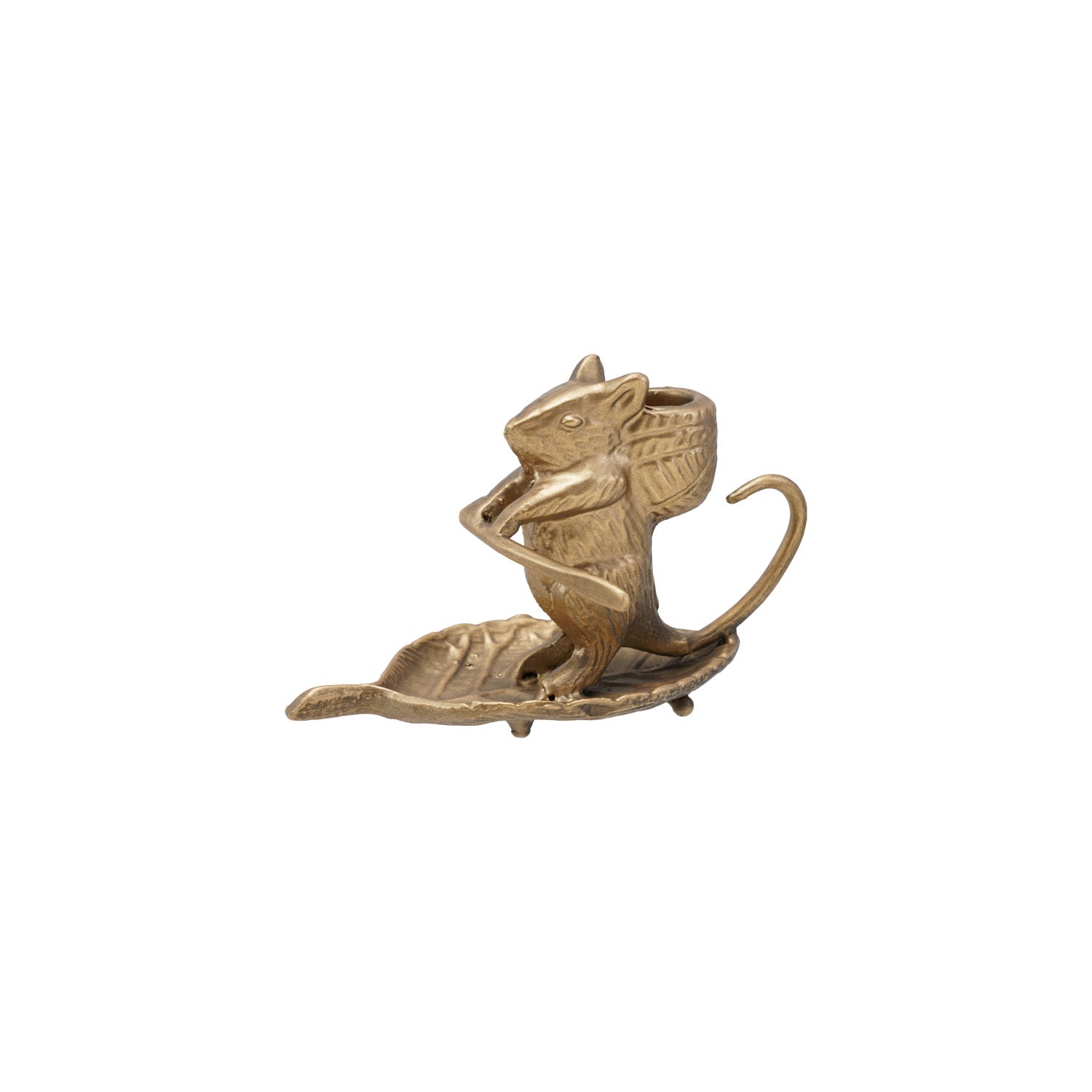 Cast Metal Taper Holder w Mouse on Leaf Antique Gold Finsih