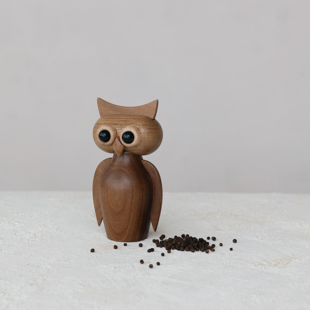 7"H Acacia Wood Owl Shaped Salt/Pepper Mill
