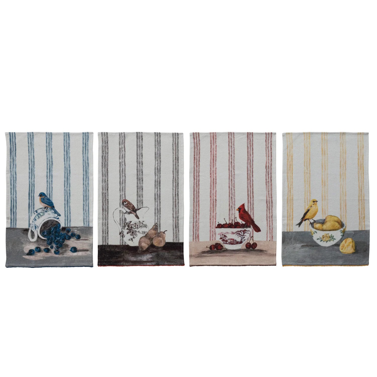Cotton Printed Tea Towel w Container, Fruit & Bird 4 AST