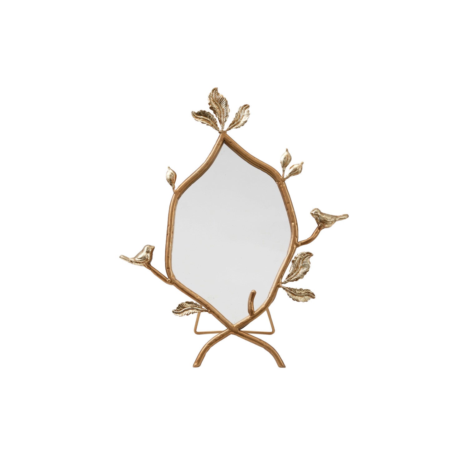 Metal Twig Framed Standing Mirror Birds & Leaves Gold Finish