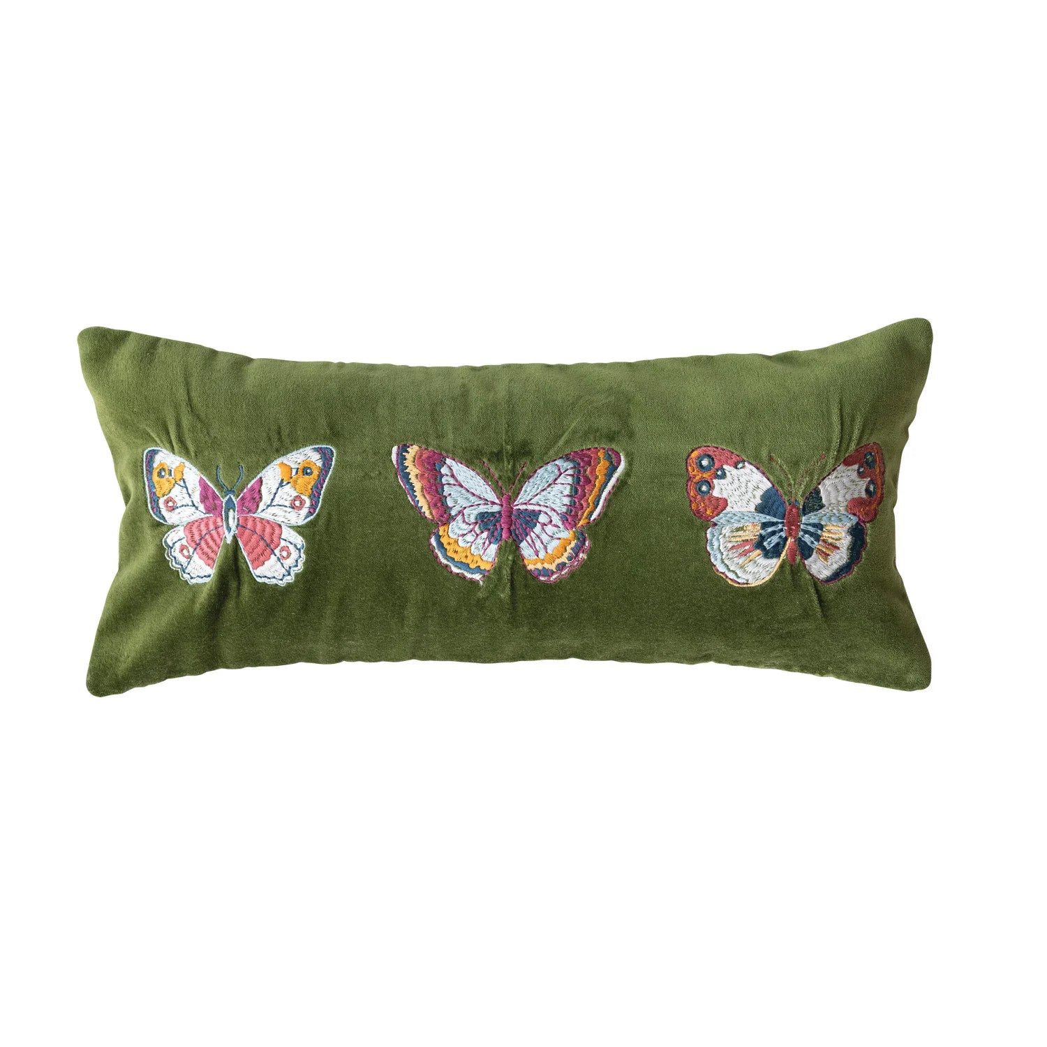 Cotton Velvet Lumbar Pillow w Embroidered Butterflies