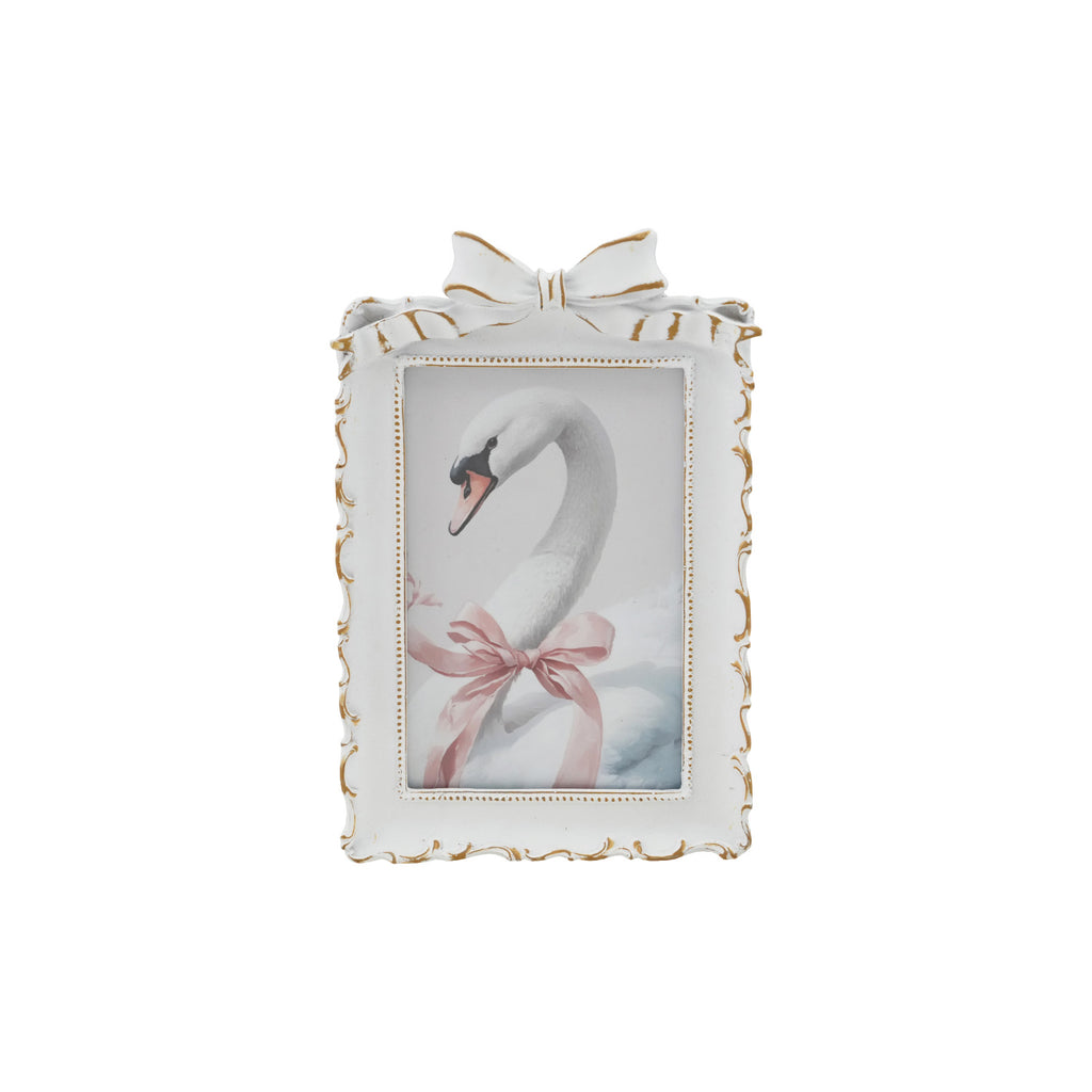 Plastic Photo Frame w Bow Gold Color & White