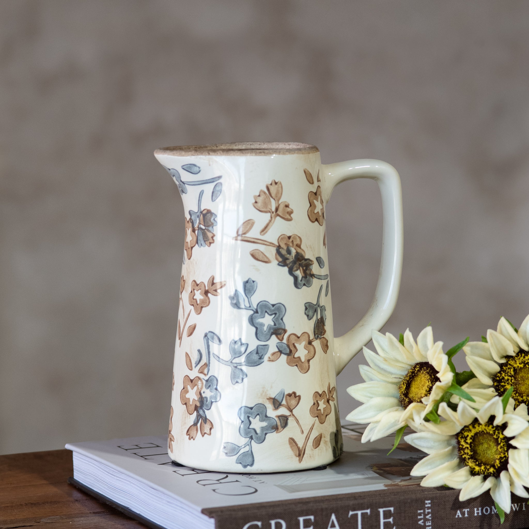 7.7" Beige/Blue Floral Pattern Pitcher
