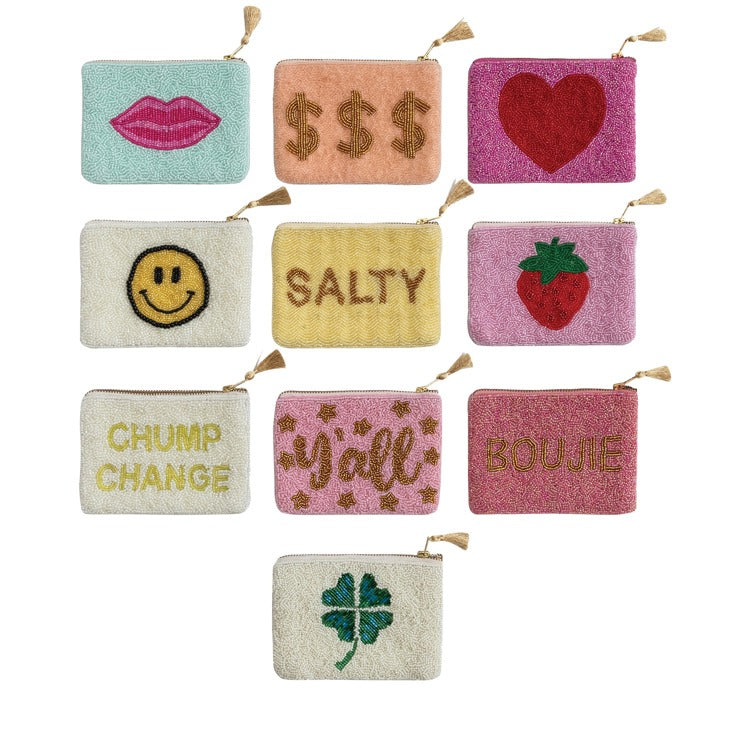 Beaded Cotton Blend ZIp Pouch 10 Styles