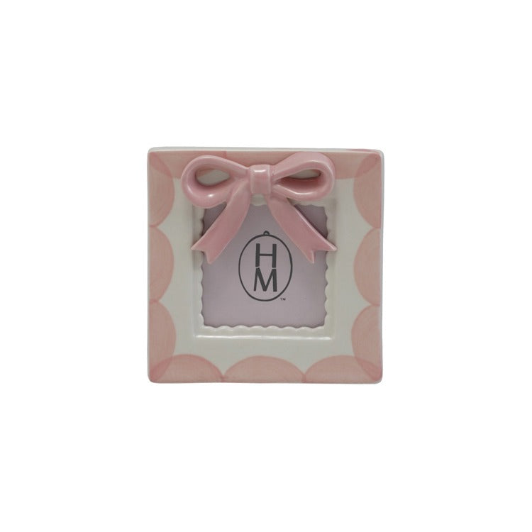 4 1/2" Sq Stoneware Photo Frame w 3D Bow. Pink & White