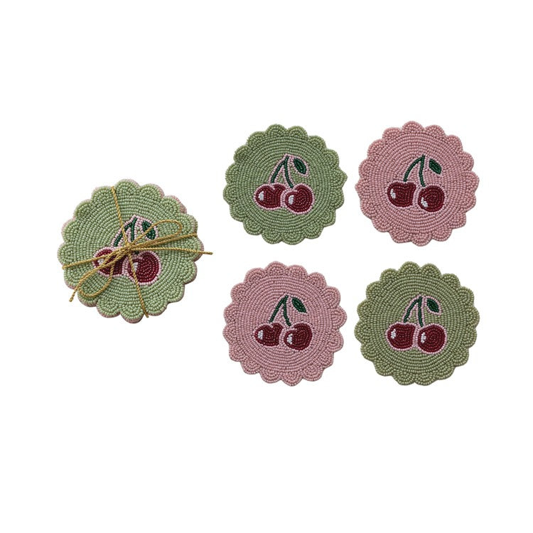 S/4 Handmade Glass Beaded Cotton Scalloped Coasters w Cherries