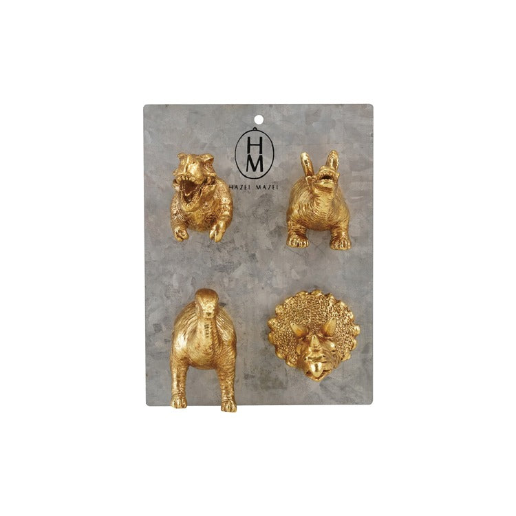 S/4 Resin Dino Magnets on Metal Card Gold Finish