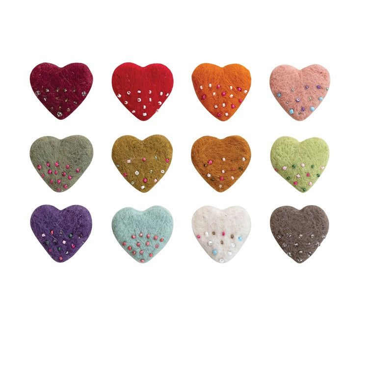Handmade Wool Felt Heart Shaped Magnet w Beads 12 AST