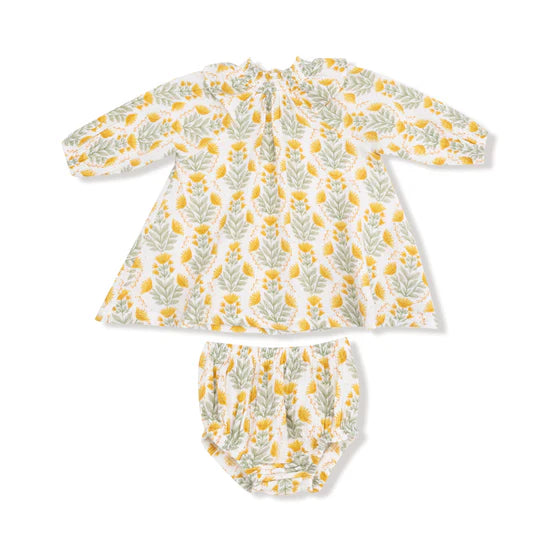 Long Sleeve Smocked Neck Dress & Diaper Cover